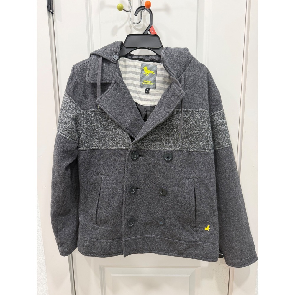 Modern Amusement Mens Hooded Peacoat Jacket Gray Double Breasted Mixed Media M